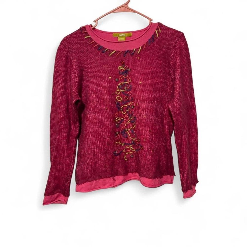 Acorn cute pink Christmas sweater with ribbon tree and‎ beads med - Picture 2 of 7